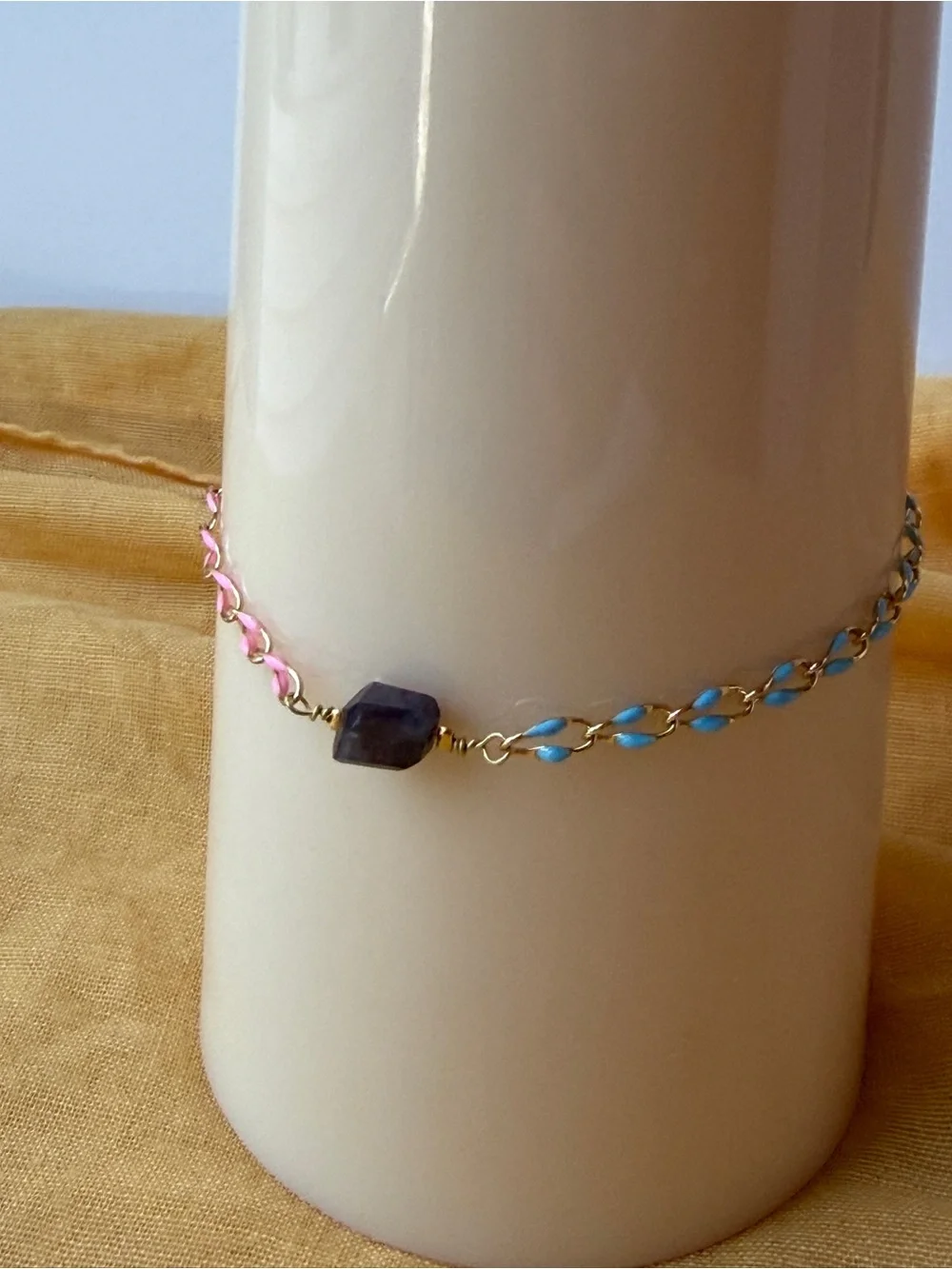 Handmade Gold Chain Bracelet with Pink & Blue Enamel and Genuine Iolite Stone